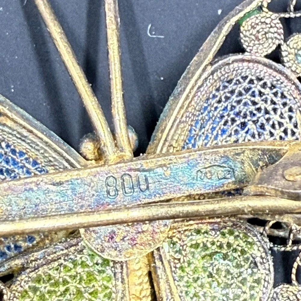 Vintage 800 Silver Filigree Enamel Butterfly Brooch‎ Blue Green Yellow Pin